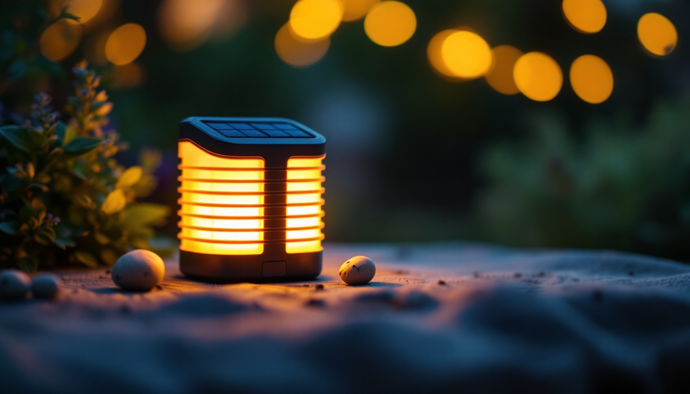 A photograph of a compact mini solar lamp illuminating a cozy outdoor setting at dusk