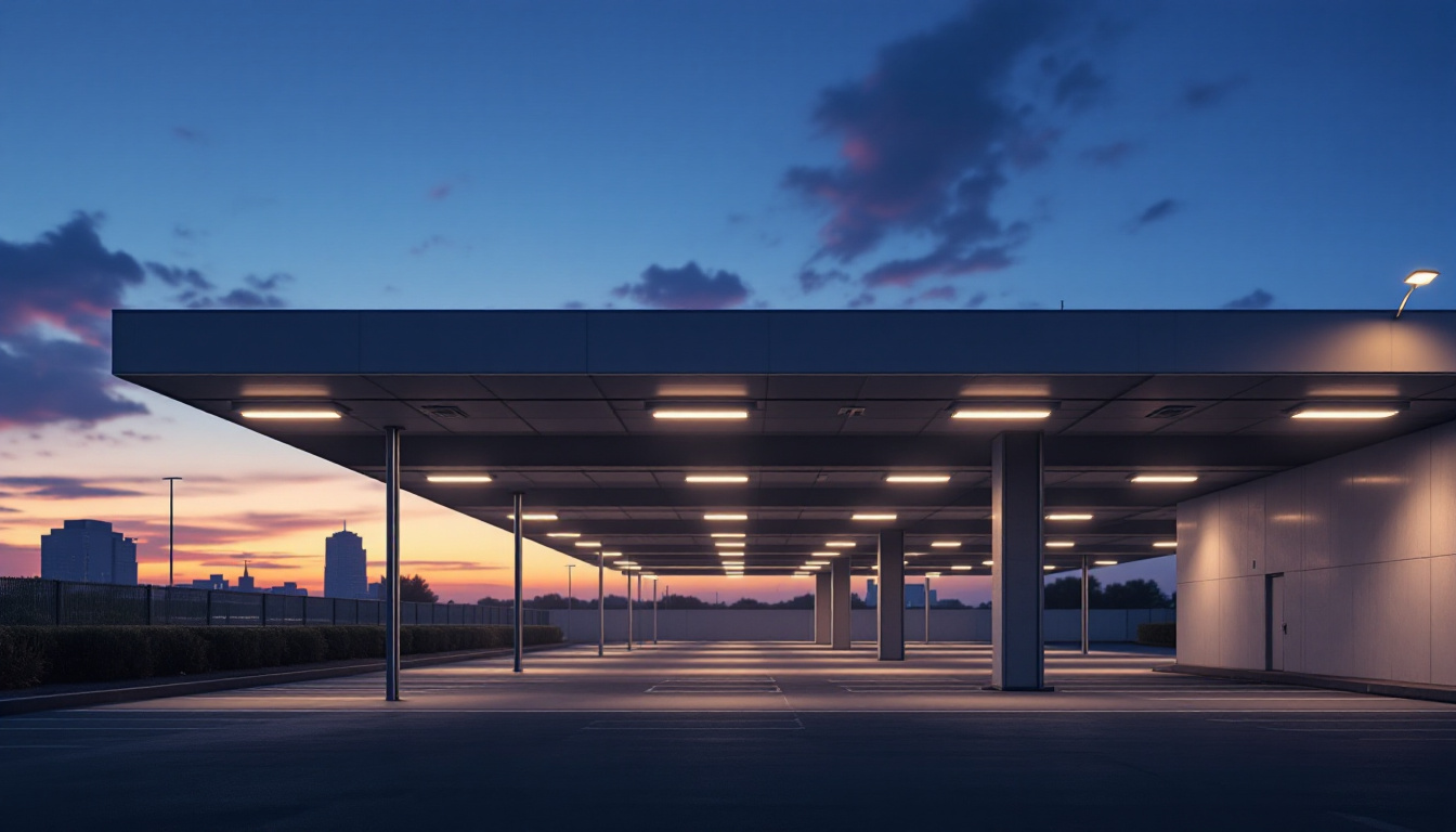 A photograph of a well-lit car parking area at dusk