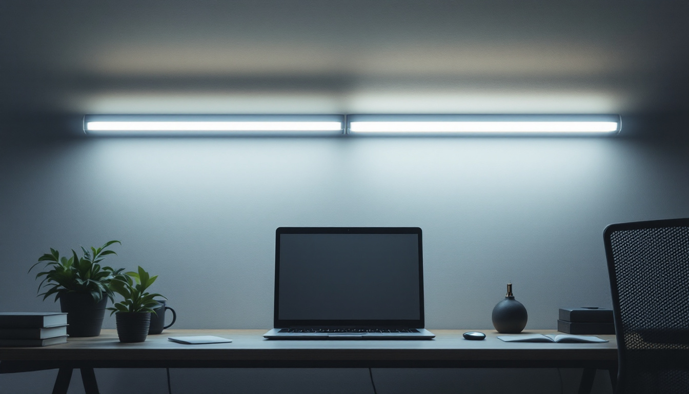 A photograph of a modern workspace featuring both led and fluorescent tube lighting