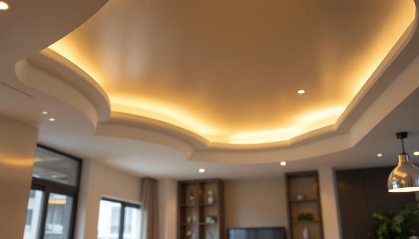 A photograph of a stylishly designed drop ceiling featuring modern recessed lights