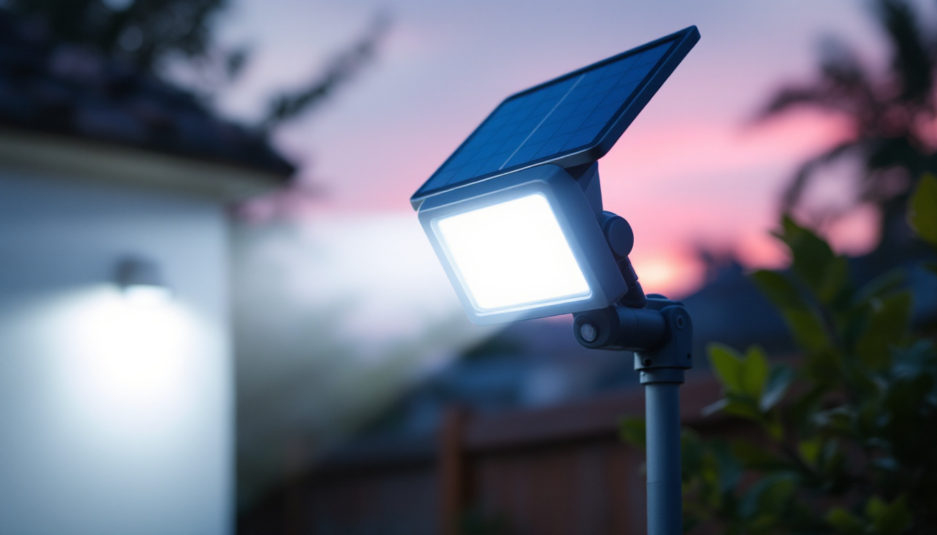 A photograph of capture a photograph of a solar motion detector flood light installed in a backyard setting at dusk