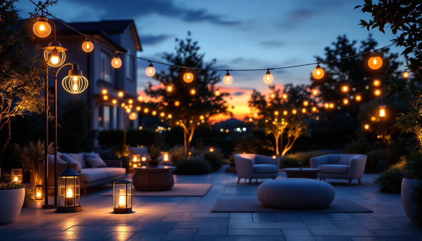 A photograph of a beautifully illuminated outdoor space featuring a variety of stylish light fixtures