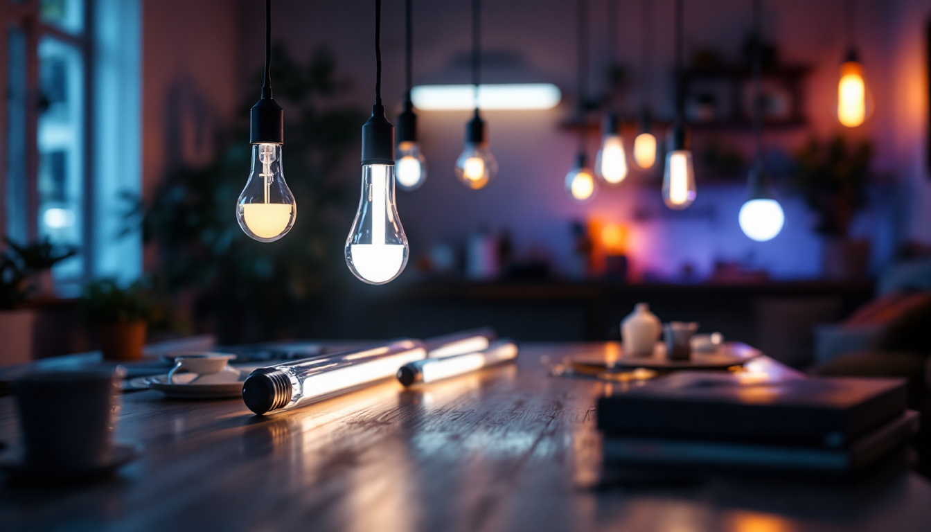 A photograph of a well-lit room featuring various t5 light bulbs in use