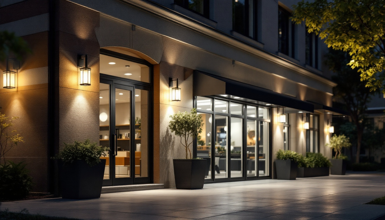 A photograph of a well-lit commercial exterior at dusk