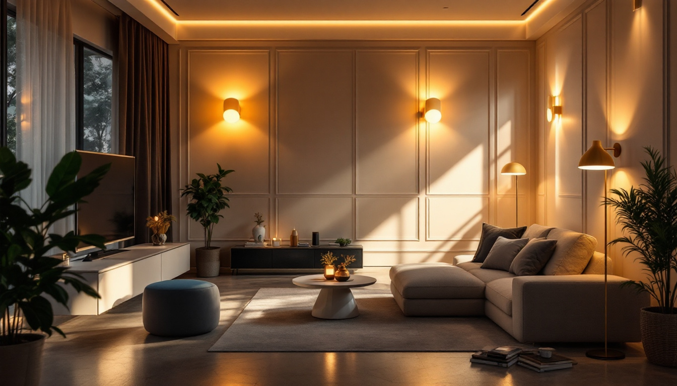 A photograph of an elegantly designed room showcasing various automated lighting systems in action