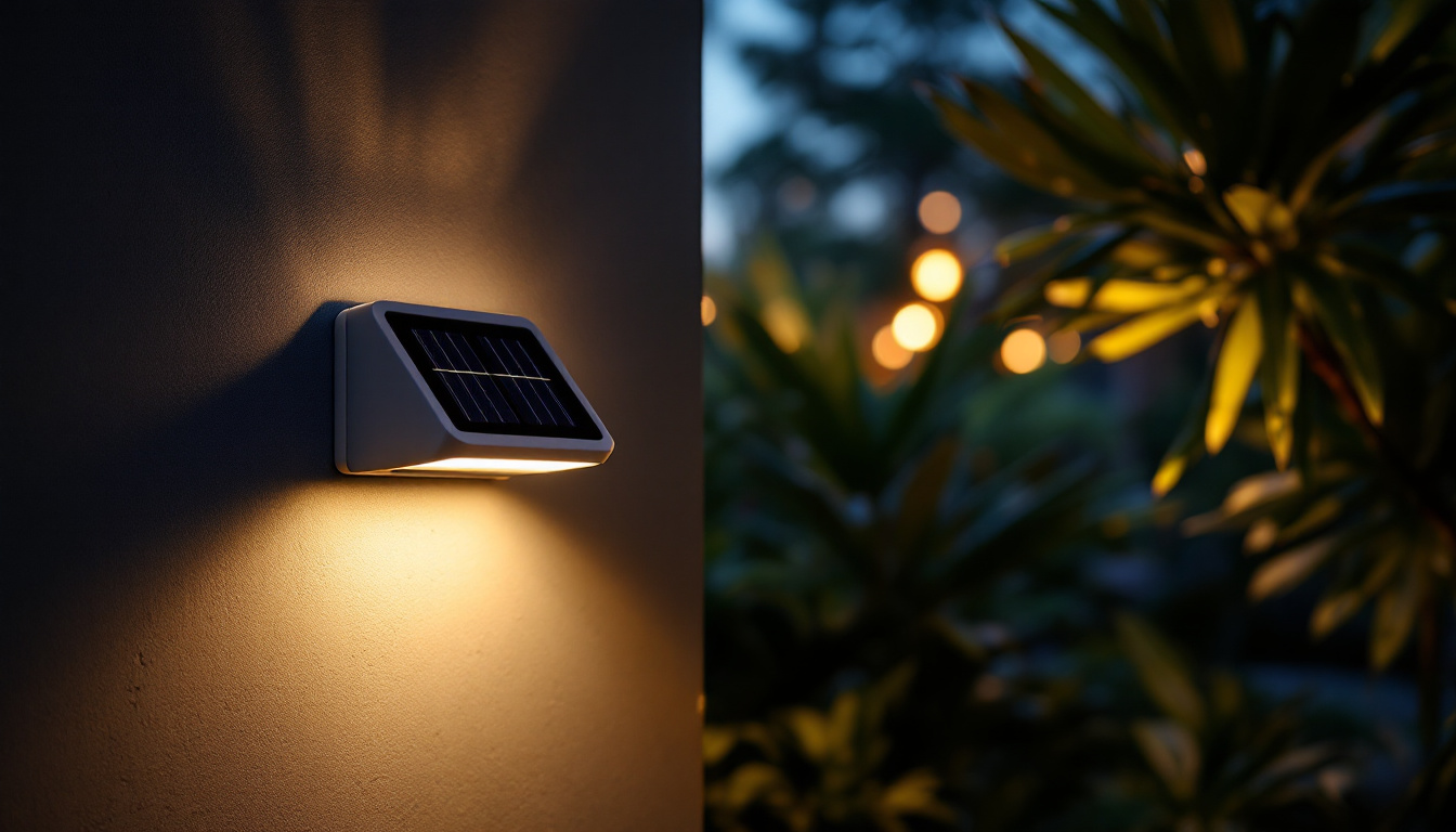 A photograph of capture a photograph of a beautifully designed wall-mounted solar light illuminating a garden or outdoor space at dusk