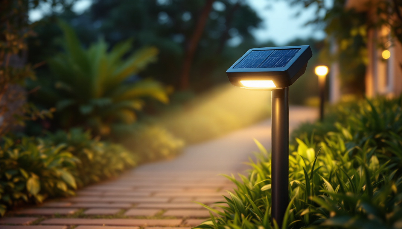 A photograph of capture a photograph of a solar-powered security lamp illuminating a pathway or garden at dusk