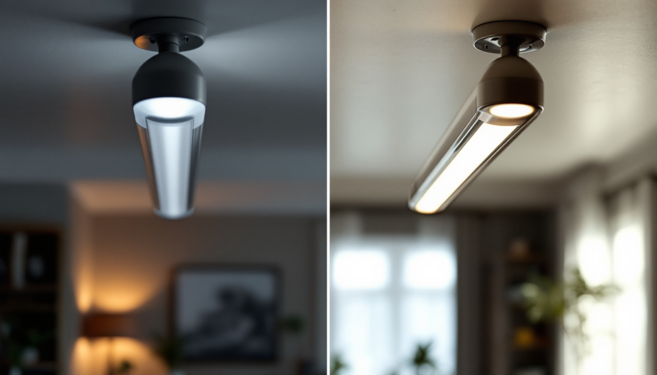 A photograph of a side-by-side comparison of a fluorescent tube and an led tube installed in a ceiling fixture