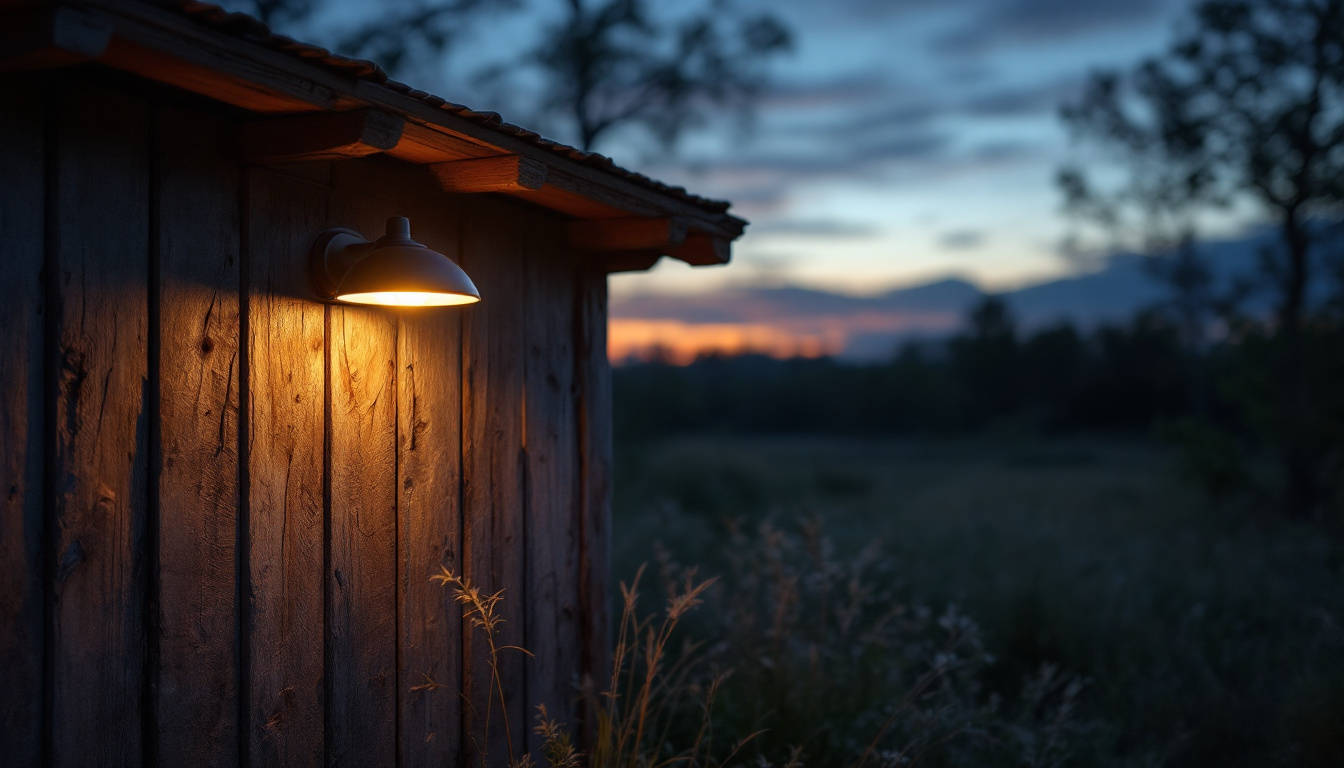 A photograph of a solar shed lamp illuminating a rustic outdoor shed at dusk