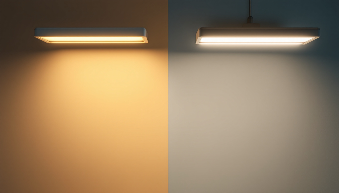 A photograph of capture a photograph of a side-by-side comparison of a fluorescent light fixture and an led light fixture