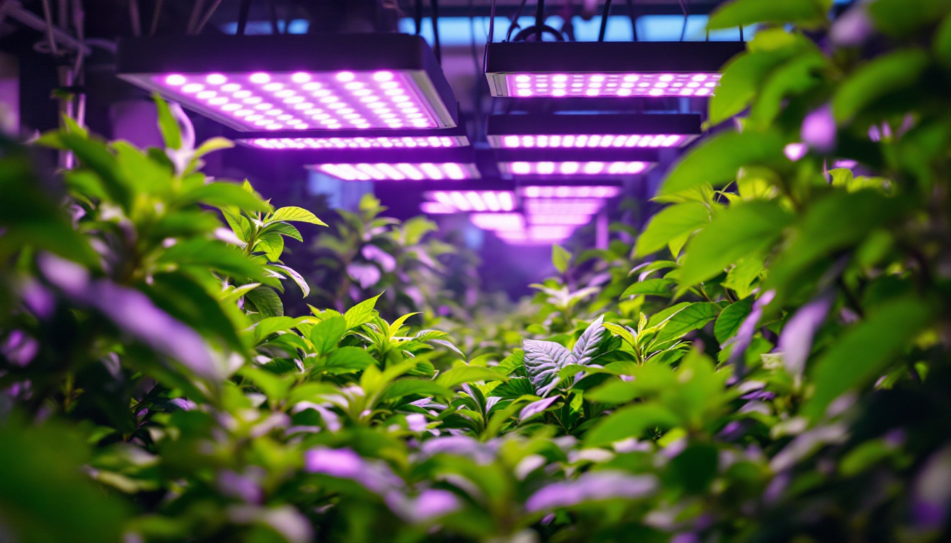 A photograph of a modern commercial grow light setup in a vibrant indoor garden