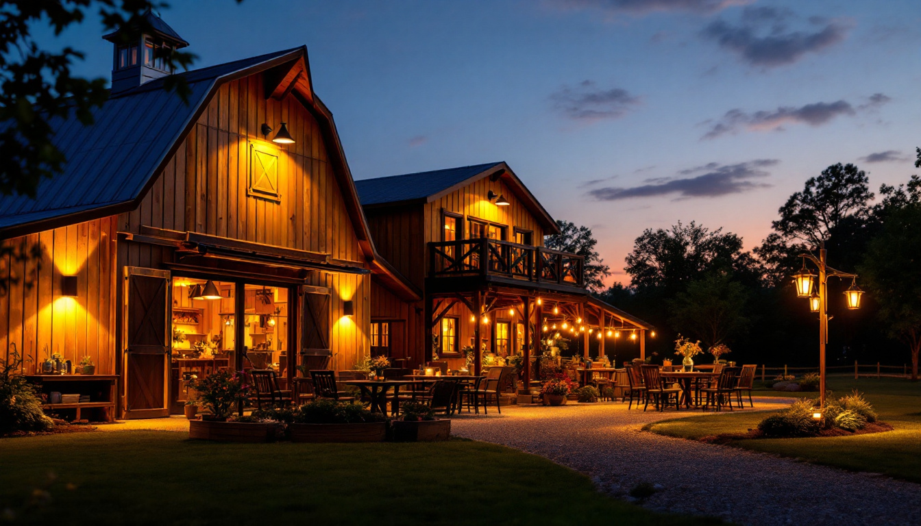 A photograph of a beautifully lit outdoor barn scene at dusk