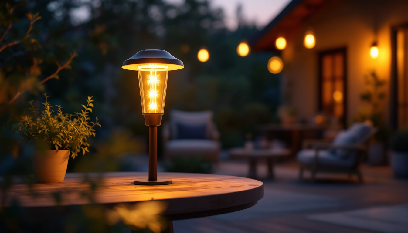 A photograph of a beautifully designed solar house lamp in a cozy outdoor setting during dusk
