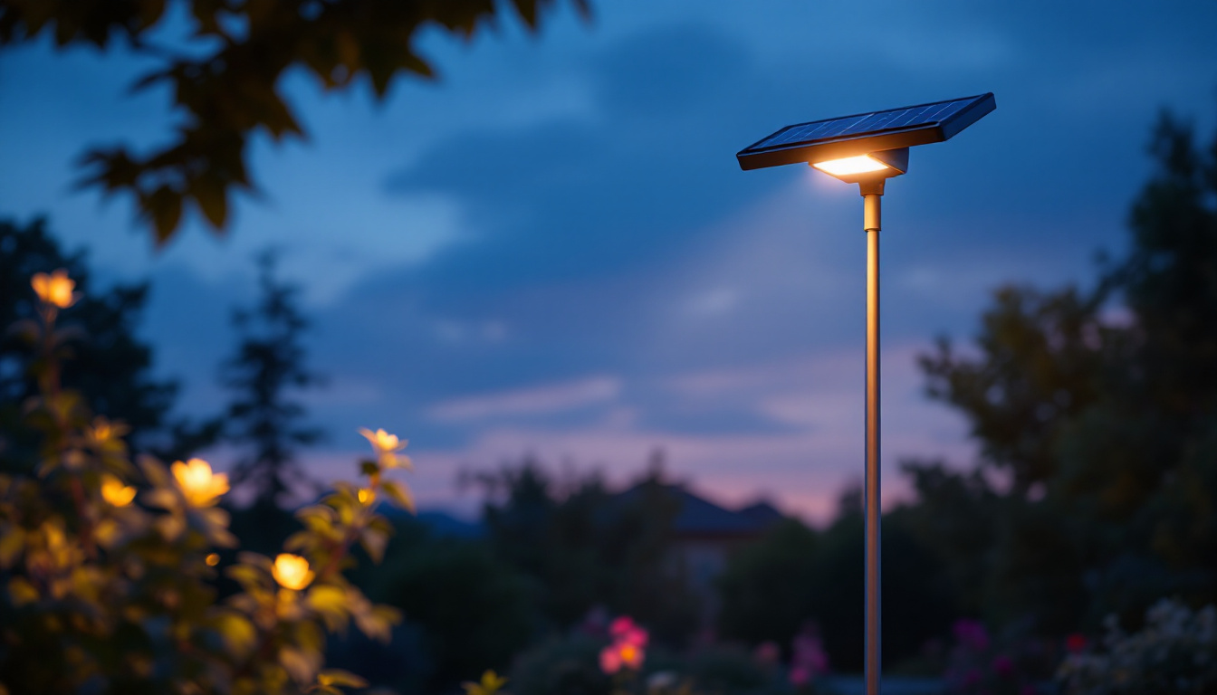 A photograph of a beautifully illuminated outdoor solar pole light in a serene garden setting at dusk