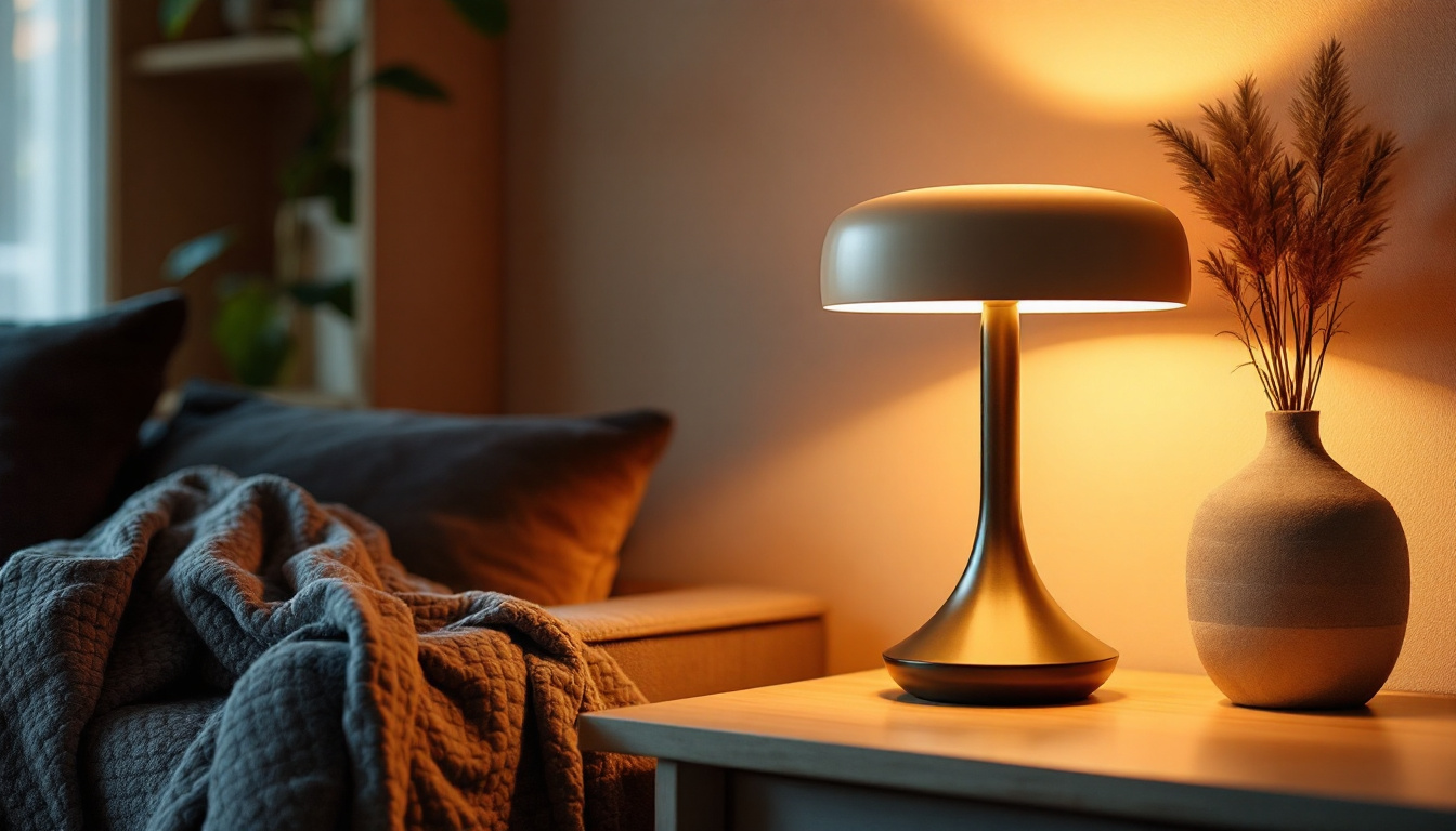 A photograph of a stylish type t lamp in a cozy