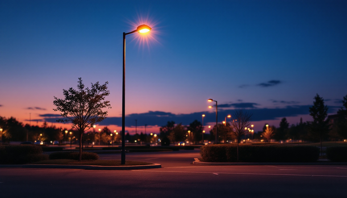 A photograph of a well-lit parking lot lamp post at dusk
