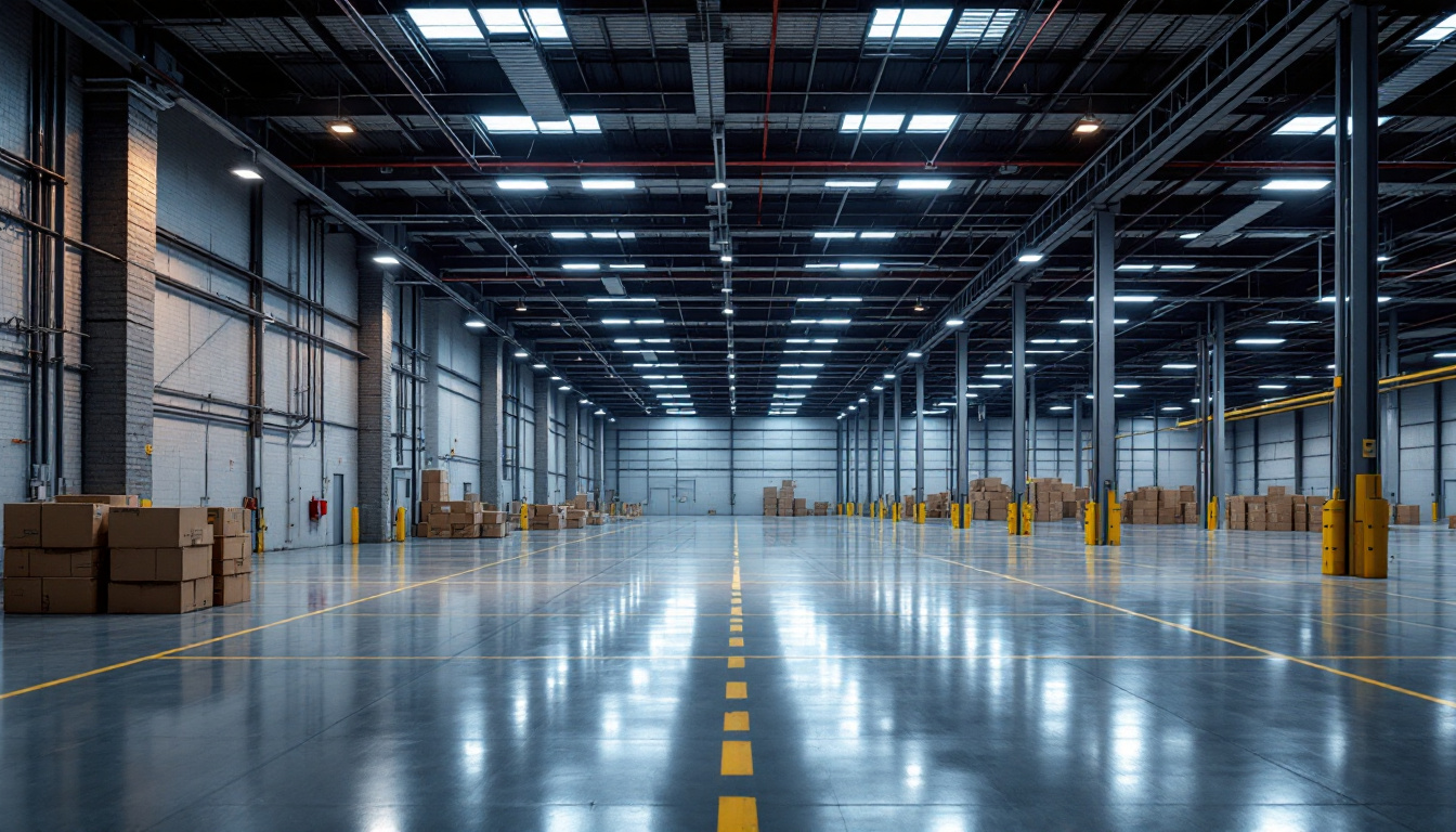 A photograph of capture a photograph of a well-lit industrial or commercial space showcasing flush mount 3-phase 480v lights in action