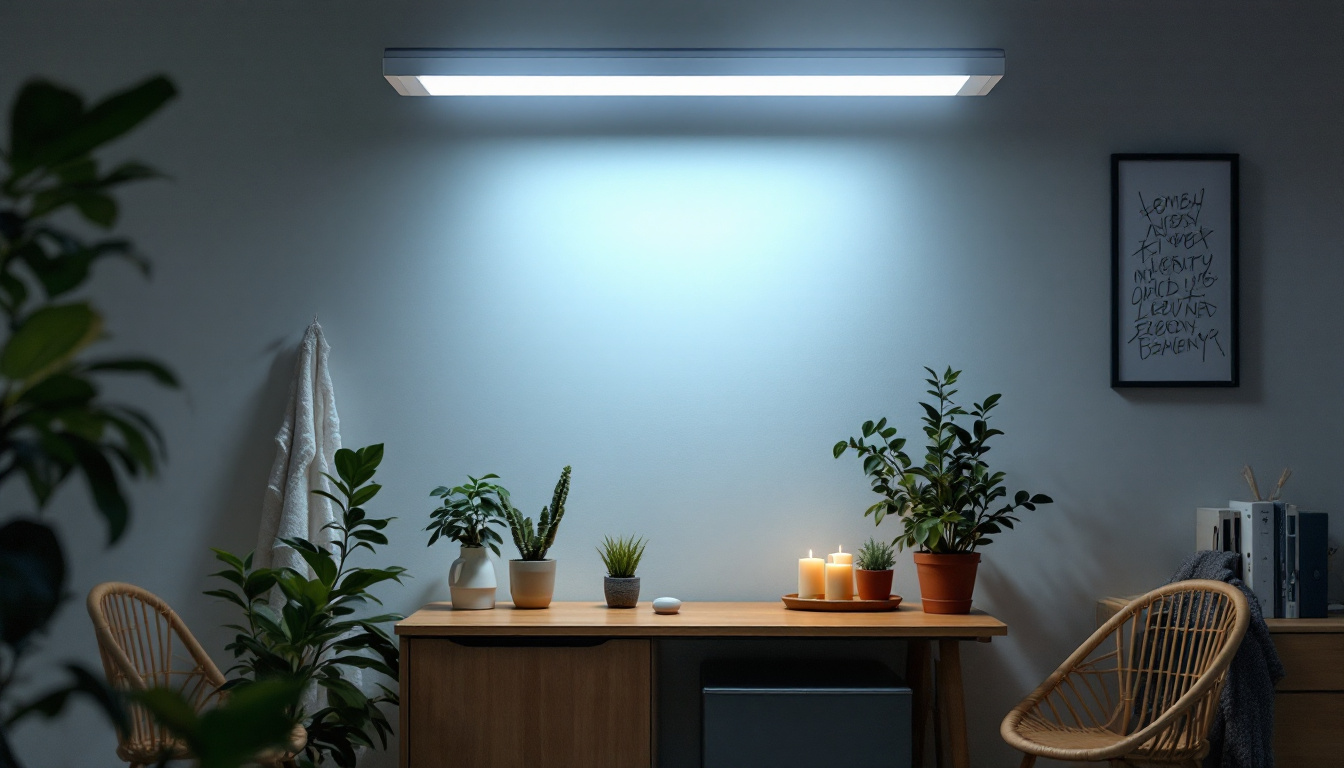 A photograph of a well-lit interior space featuring a 4-ft fluorescent light fixture in use