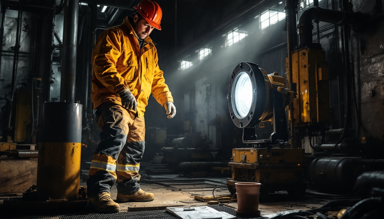A photograph of capture a photograph of a rugged industrial setting featuring the ex 300w a3d50d120 class 1 div 1 lighting fixture in action