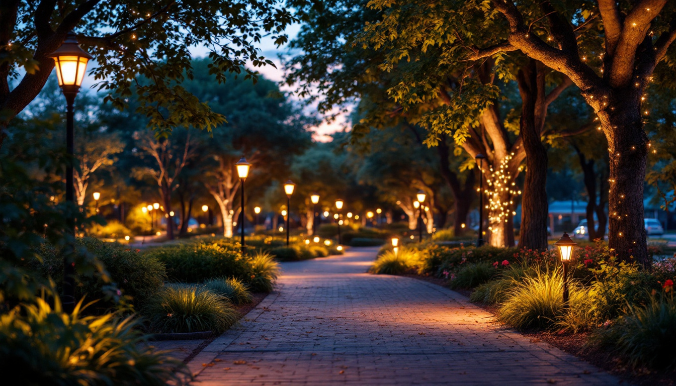 A photograph of a beautifully illuminated park scene at dusk