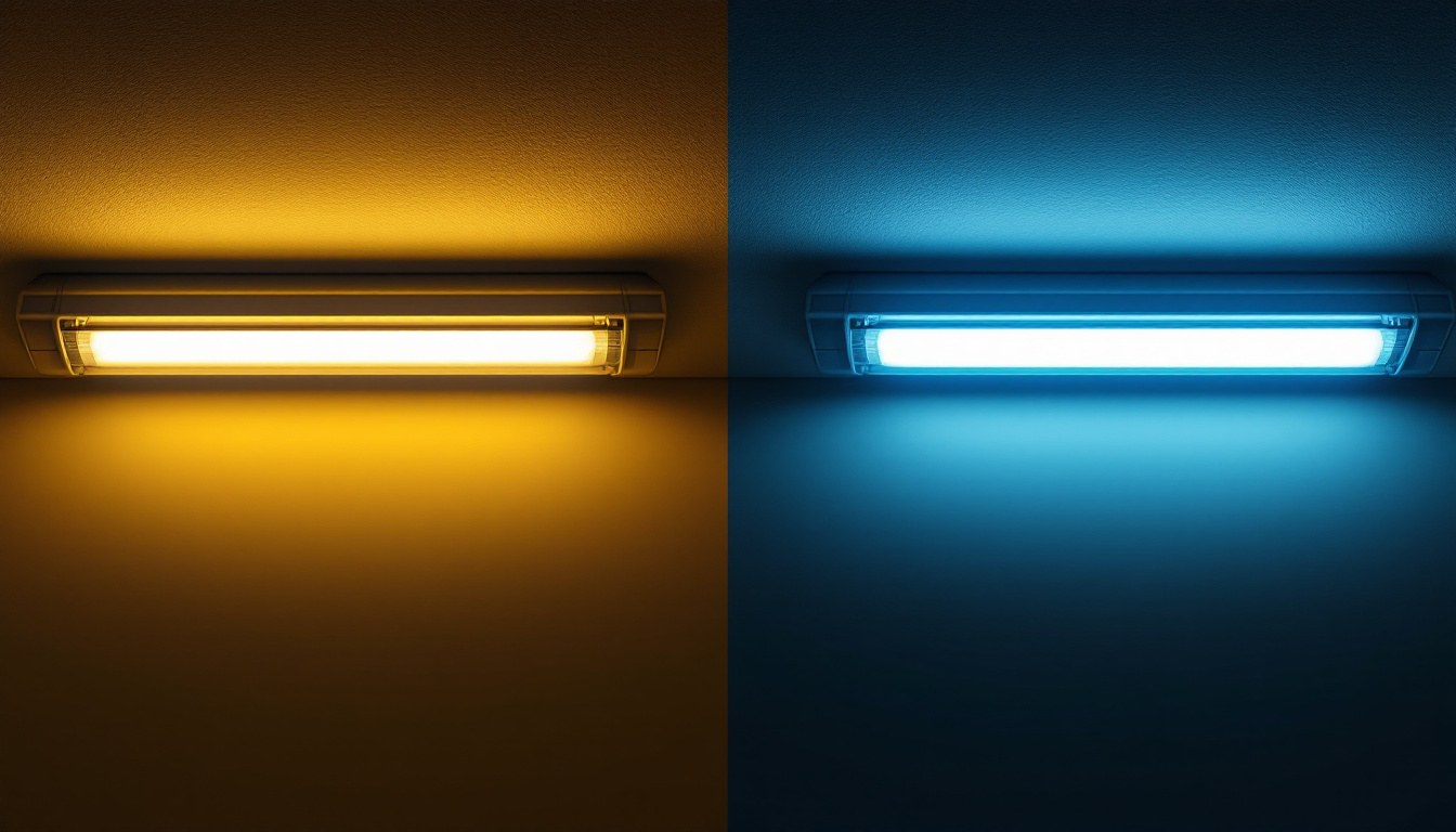 A photograph of a side-by-side comparison of a fluorescent light fixture and an led conversion kit installed in the same setting