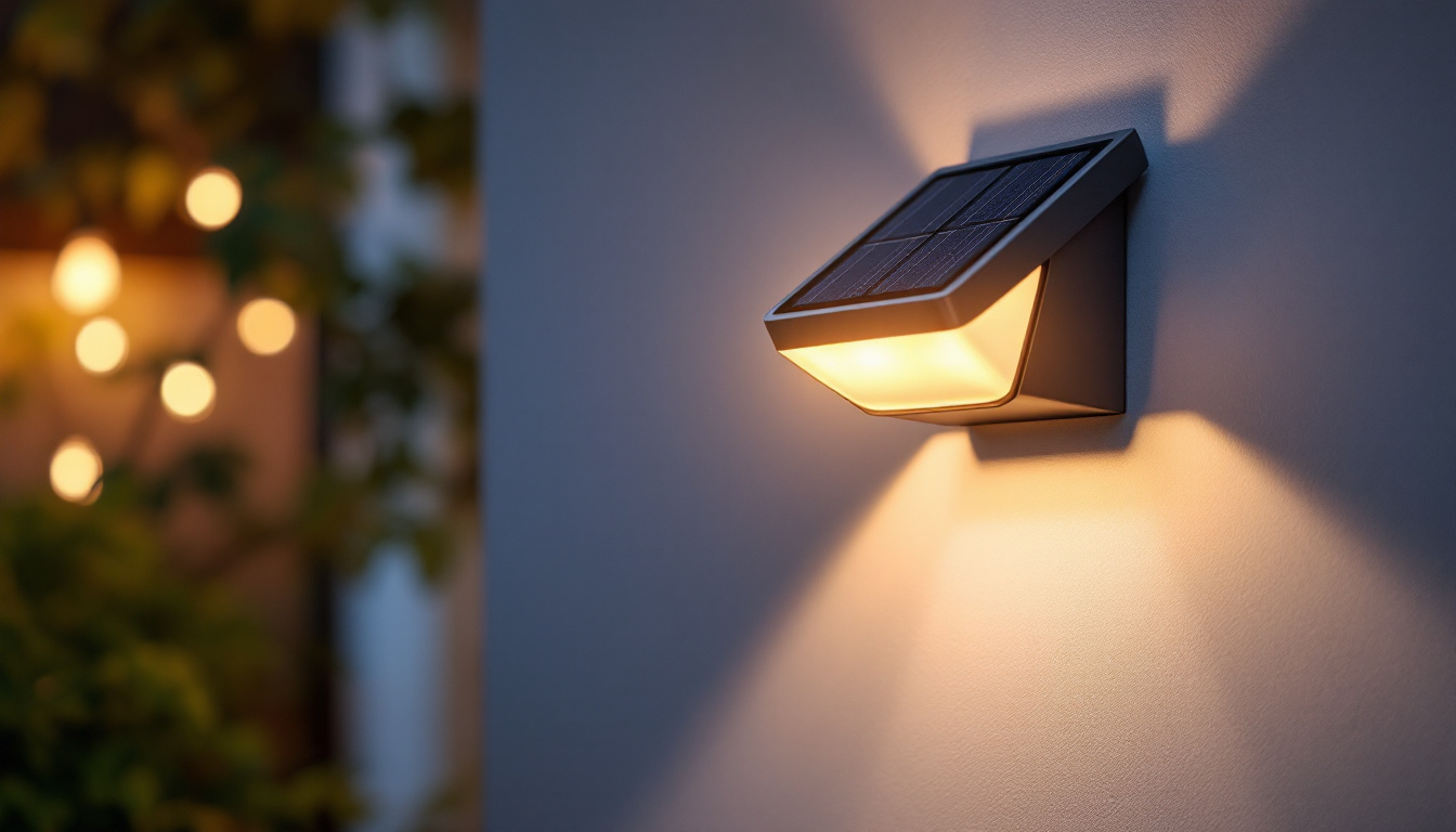 A photograph of capture a photograph of a solar-powered wall light illuminated at dusk