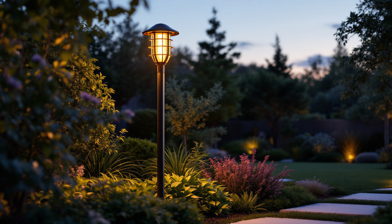 A photograph of a beautifully landscaped yard featuring a stylish light pole illuminated at dusk