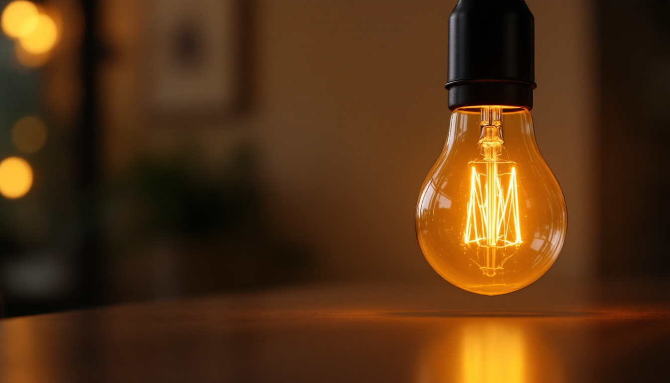A photograph of a type b incandescent bulb illuminated in a warm