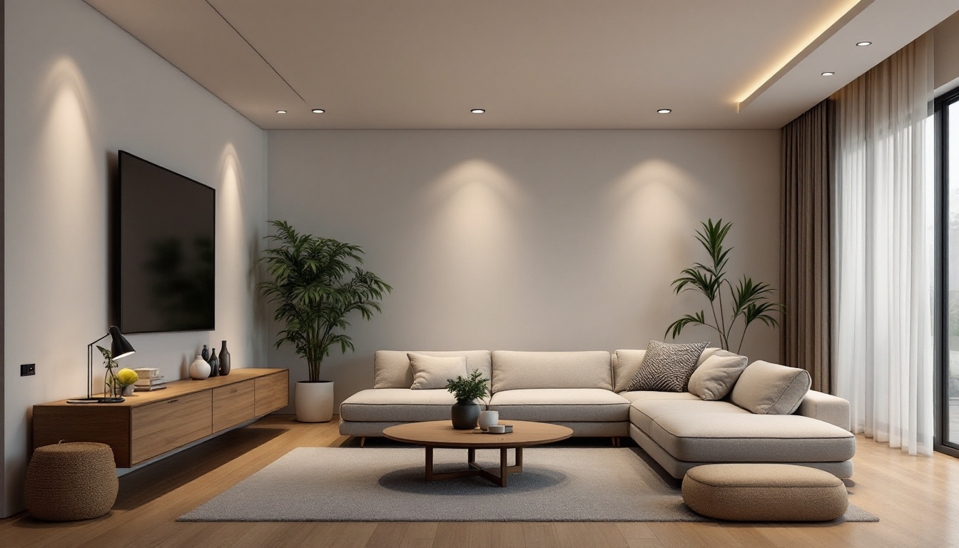 A photograph of a modern living space showcasing various styles of recessed can lights in action