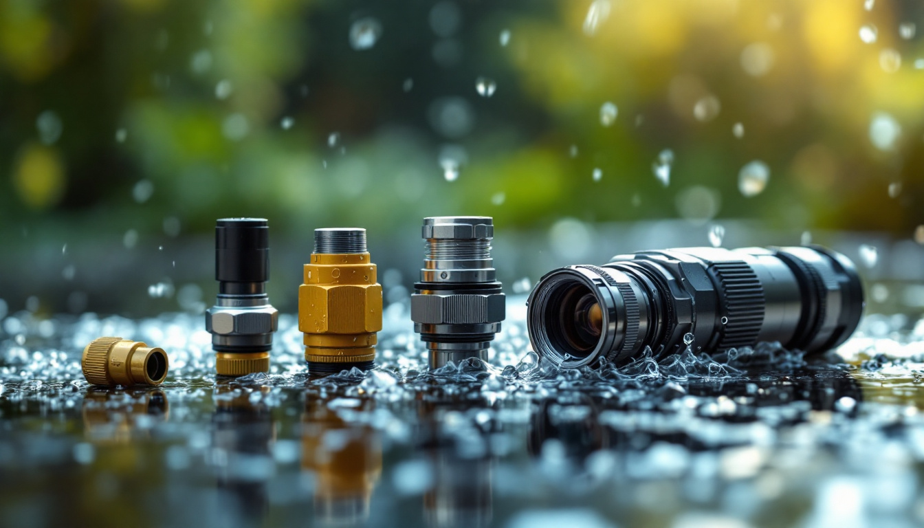 A photograph of a close-up shot of various waterproof connectors in a well-lit outdoor setting