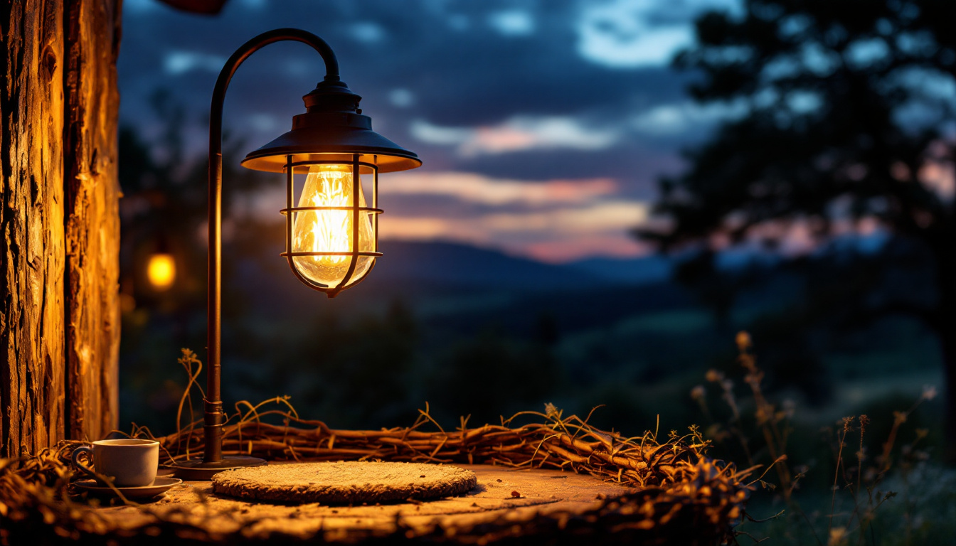 A photograph of a rustic barn lamp illuminated in an outdoor setting
