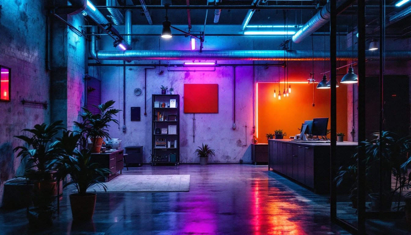 A photograph of a modern industrial workspace illuminated by vibrant led lighting