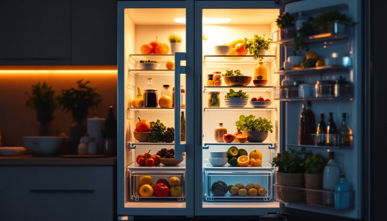 A photograph of a fridge interior with the door open