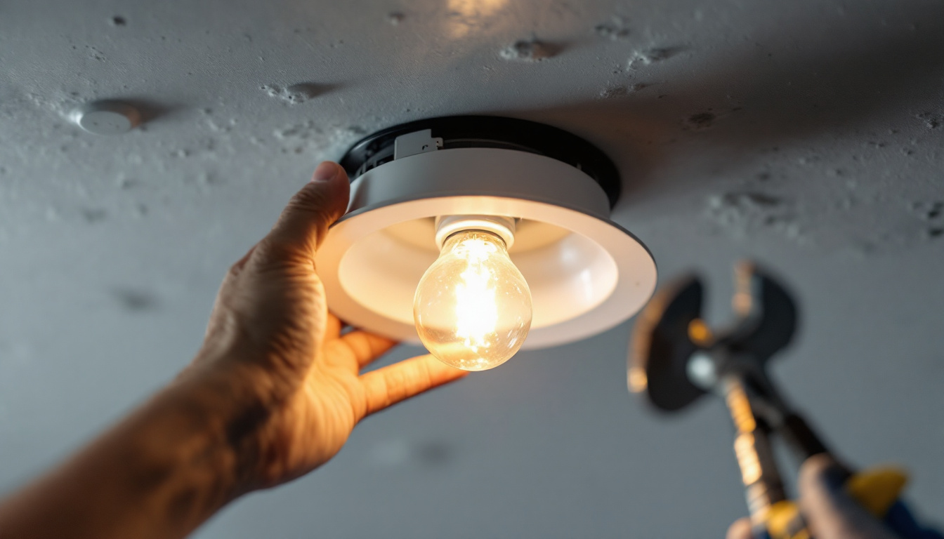 A photograph of a close-up view of a recessed can light fixture being replaced with a modern led bulb