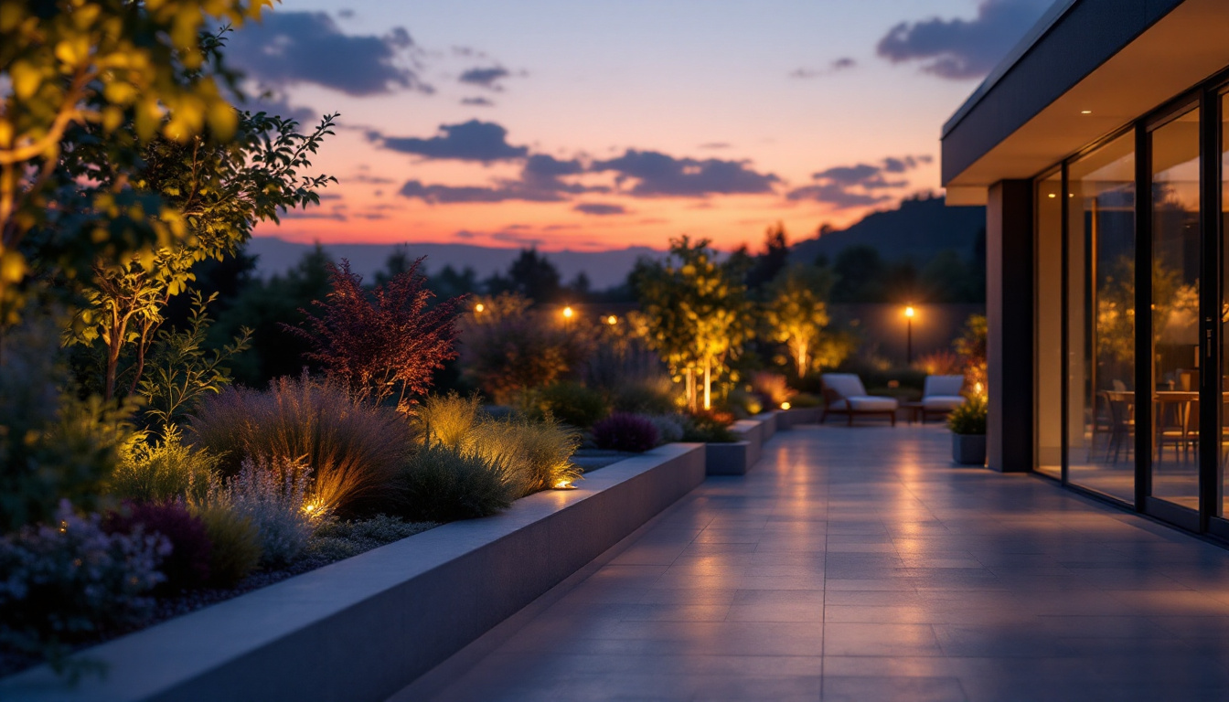 A photograph of capture a photograph of a beautifully illuminated outdoor space transitioning from dusk to dawn