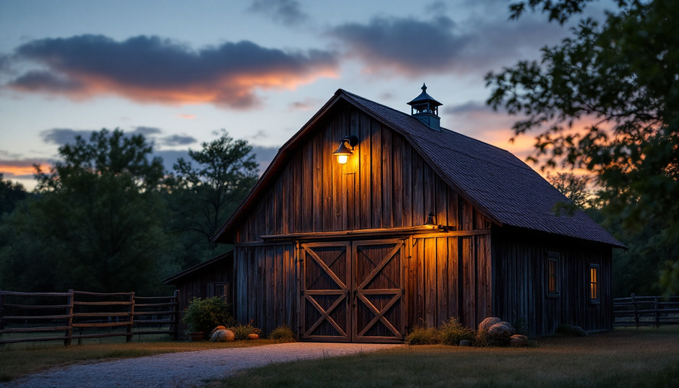 A photograph of a rustic outdoor barn illuminated by a stylish barn light at dusk