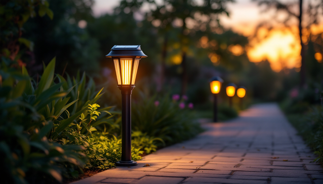 A photograph of a beautifully illuminated solar post light in an outdoor setting during twilight