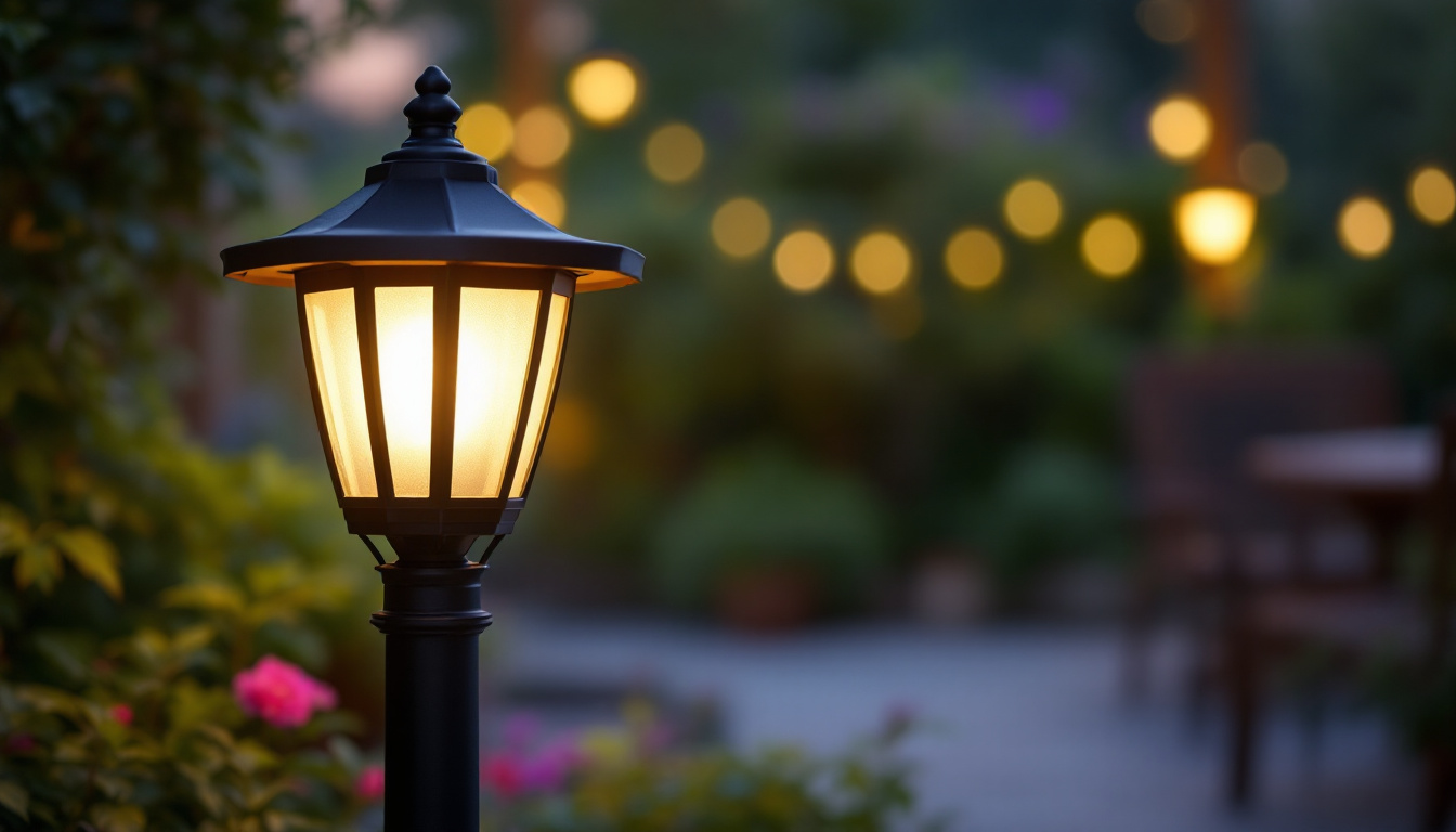A photograph of a beautifully illuminated solar post lantern in an outdoor setting during twilight