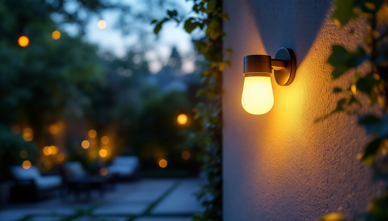 A photograph of a beautifully designed outdoor wall solar light illuminating a cozy garden or patio setting at dusk