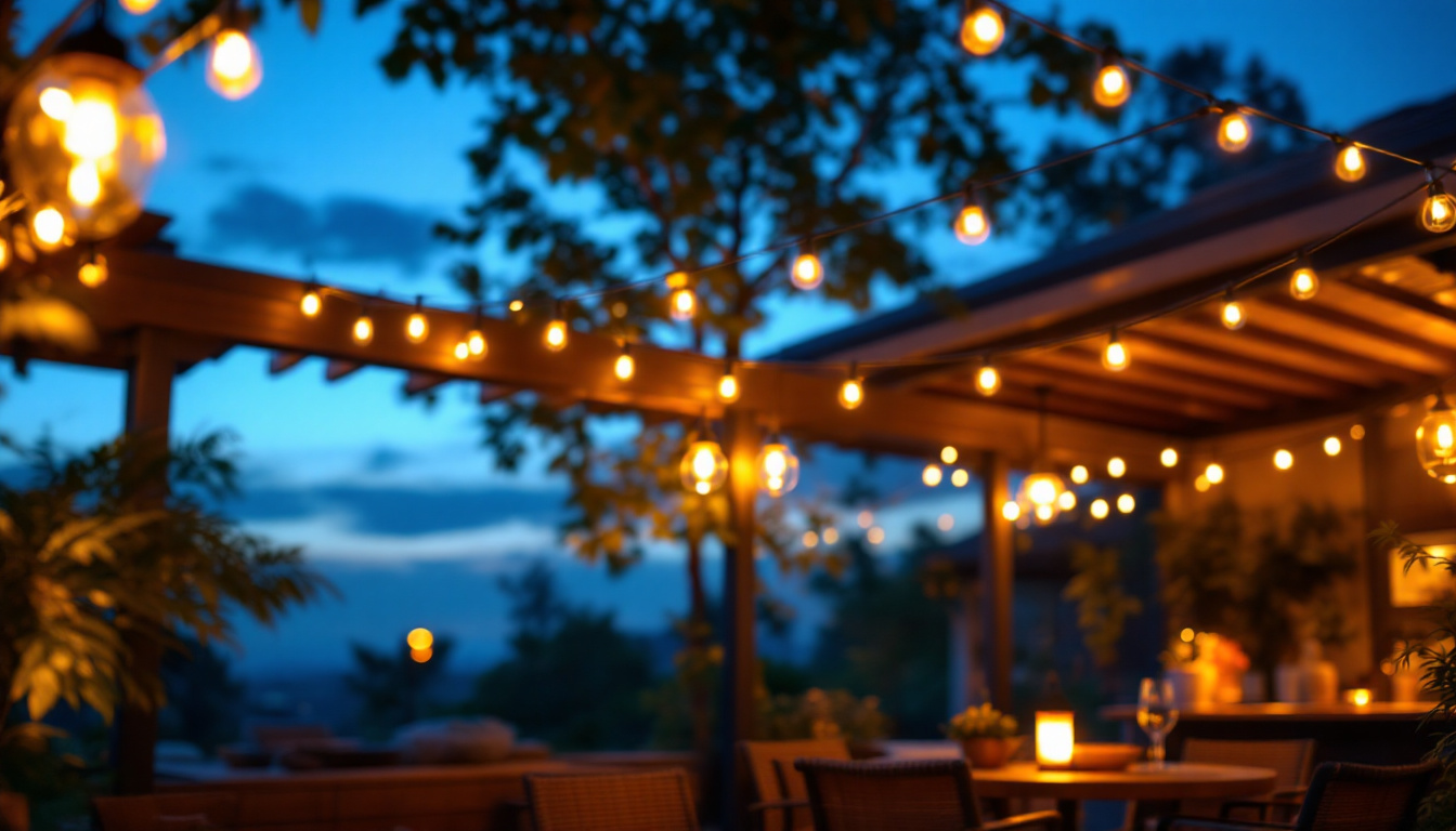 A photograph of a beautifully designed outdoor patio illuminated by a variety of stylish light fixtures