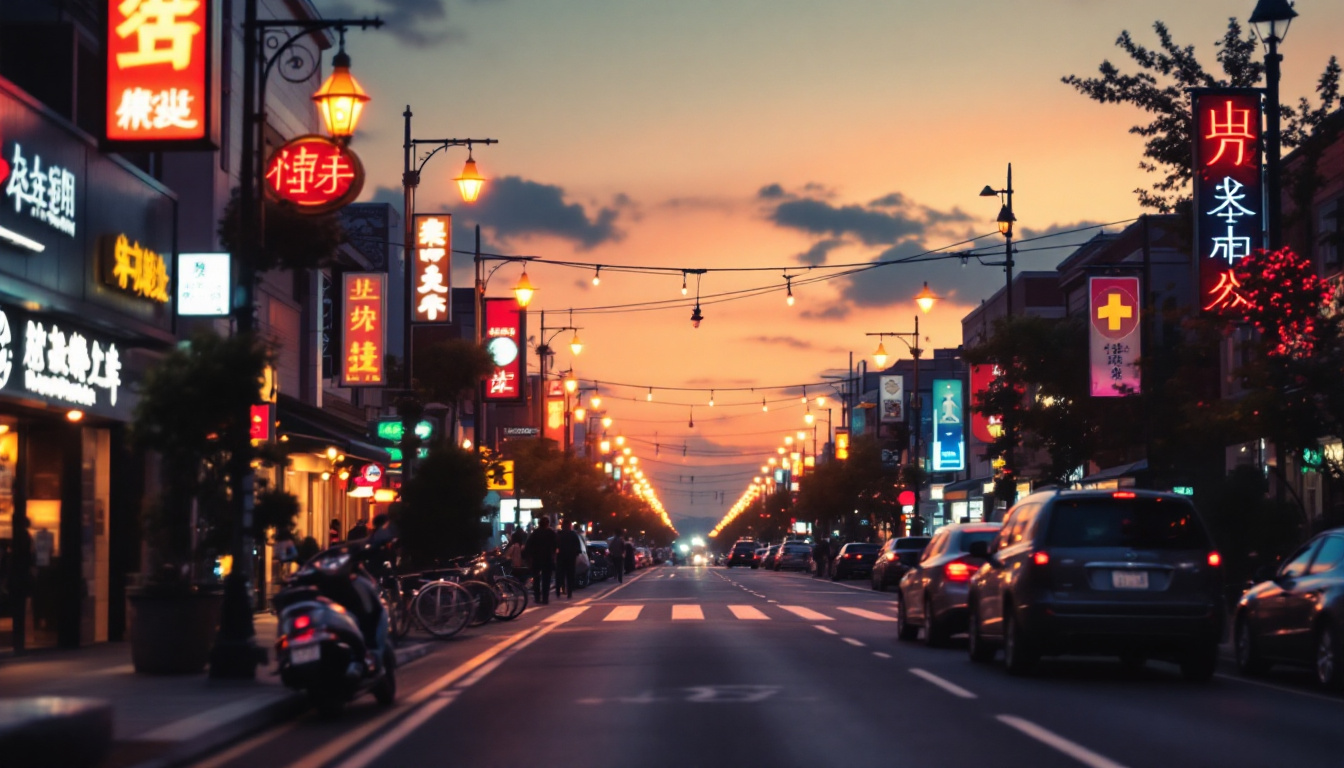 A photograph of capture a photograph of a vibrant commercial street illuminated by various styles of street lights at dusk