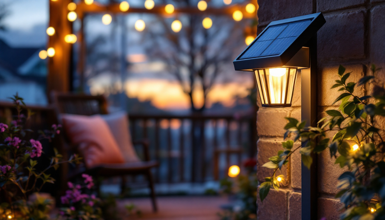 A photograph of a beautifully illuminated solar porch light in a cozy outdoor setting during dusk