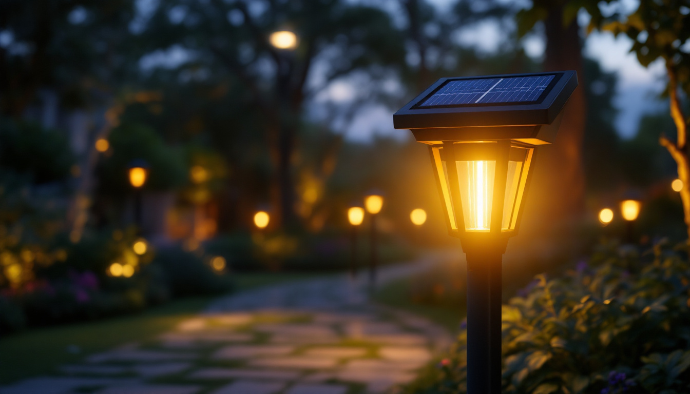 A photograph of a beautifully lit outdoor space featuring solar pole lights illuminating a pathway or garden area during dusk