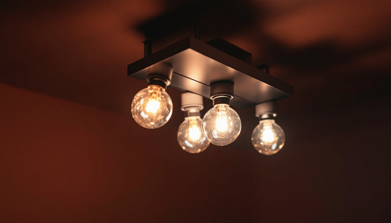 A photograph of capture a photograph of a modern light fixture showcasing a 4-light design with visible ballasts