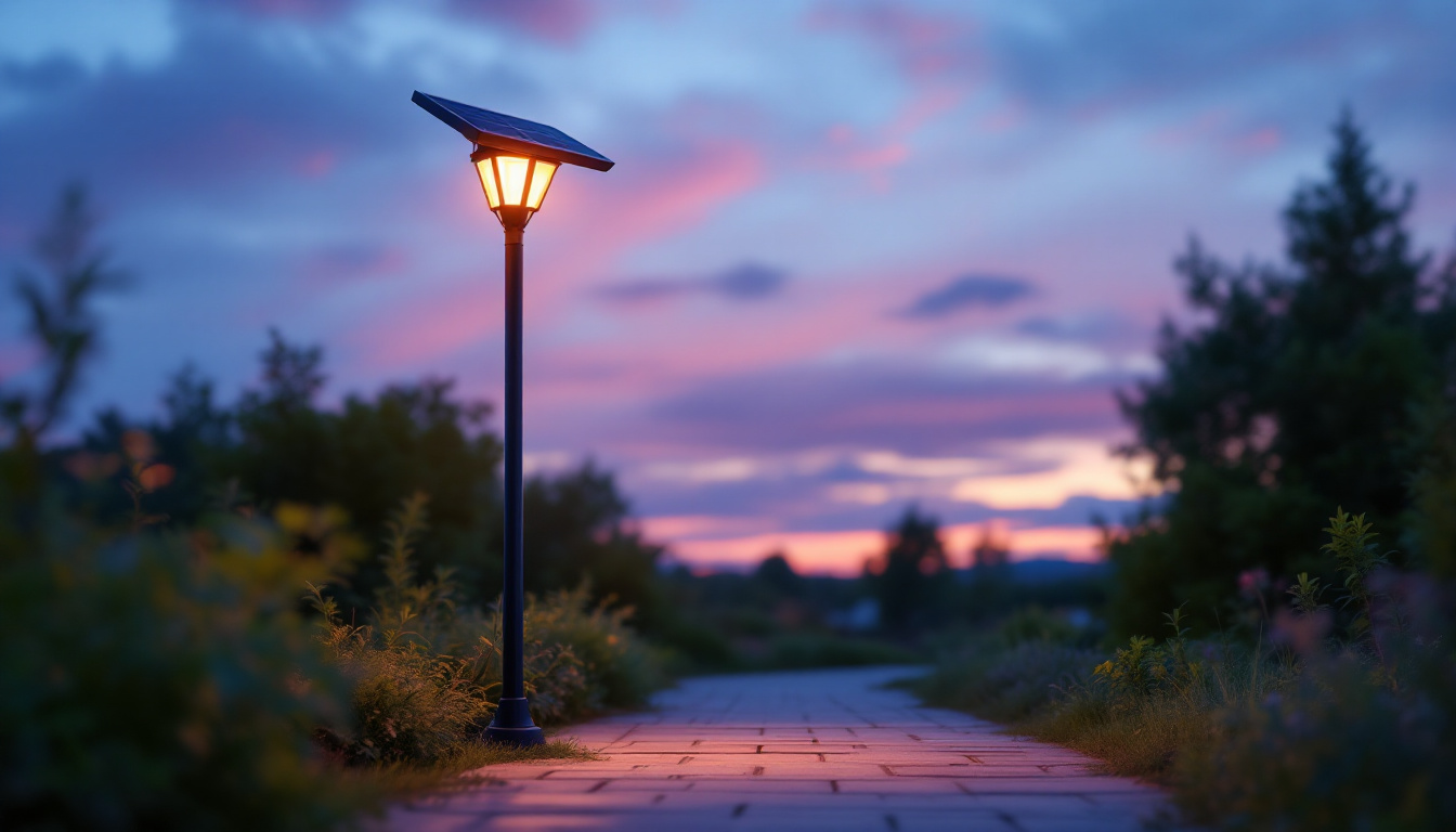 A photograph of capture a photograph of a solar light pole elegantly illuminating a pathway in a serene outdoor setting during dusk