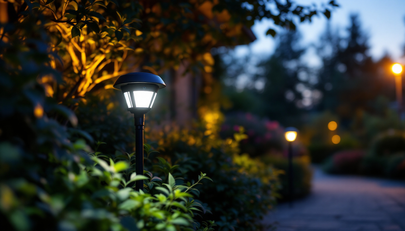 A photograph of capture a photograph of a motion-activated outdoor led light illuminating a garden or pathway at dusk
