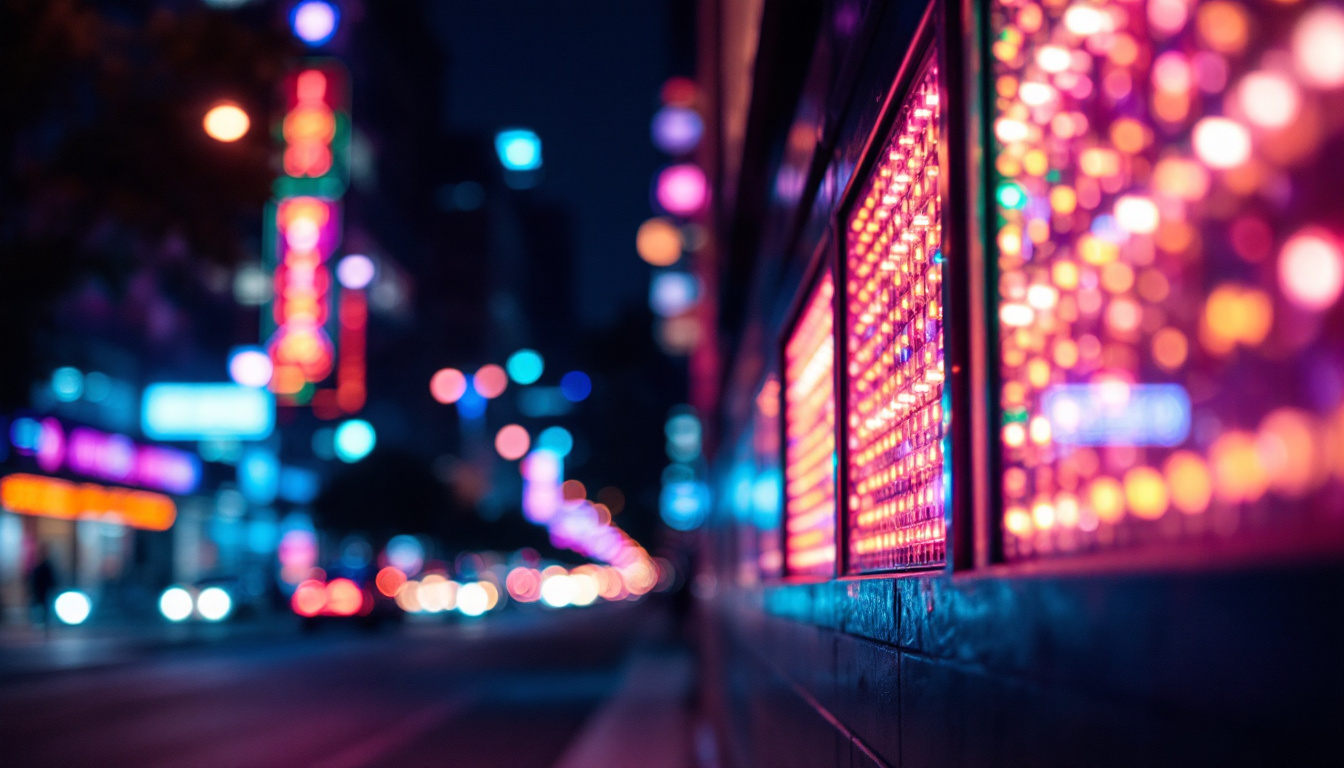 A photograph of a vibrant led sign illuminating a dark urban street at night
