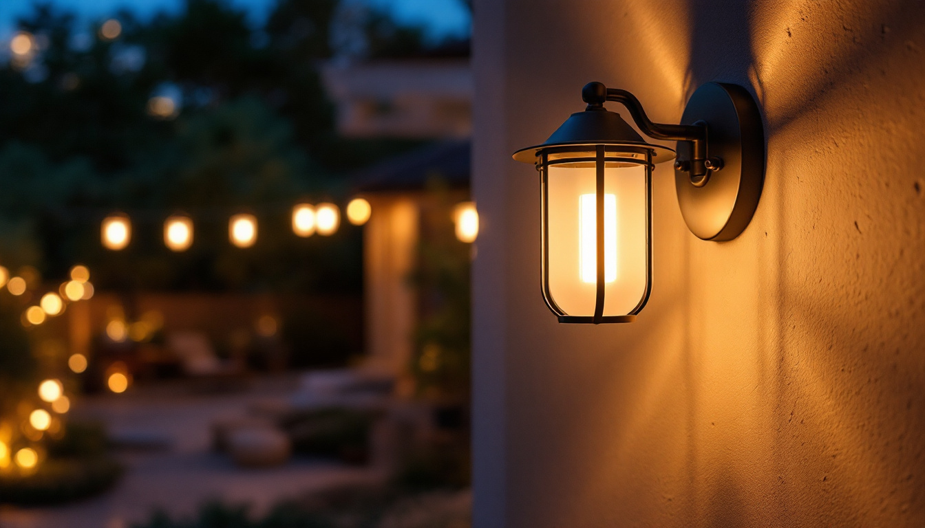 A photograph of a beautifully illuminated outdoor wall mount light fixture in an inviting nighttime setting
