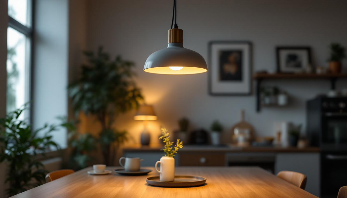 A photograph of capture a photograph of a stylish pull-down pendant light fixture in a well-lit room