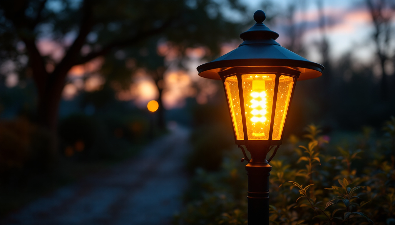 A photograph of a beautifully illuminated solar lamppost in a serene outdoor setting during twilight